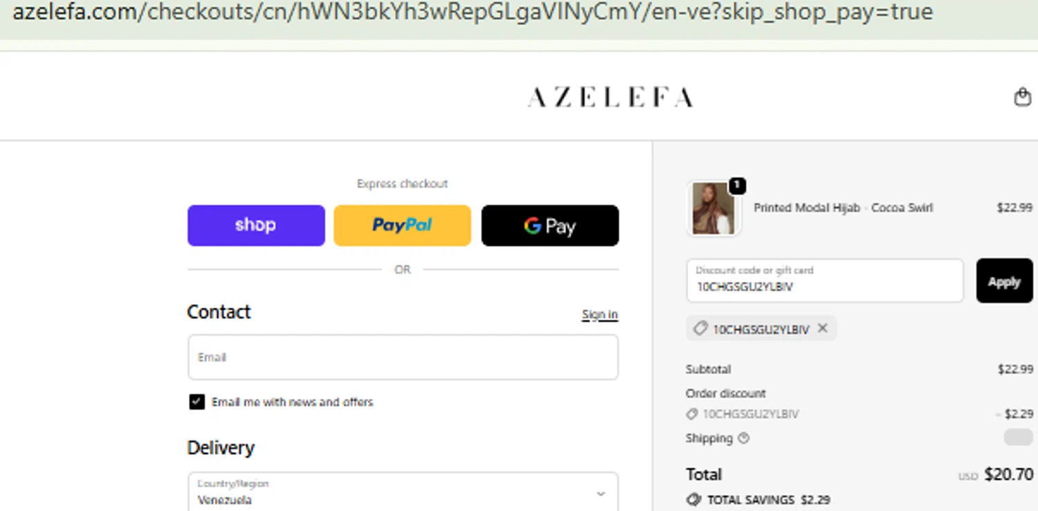 Azelefa Co promo code screenshot showing code 10CHGSGU2YLBIV applied at Azelefa Co checkout page. Uploaded by SimplyCodes community member CashMaestro9337 on Oct 1, 2025