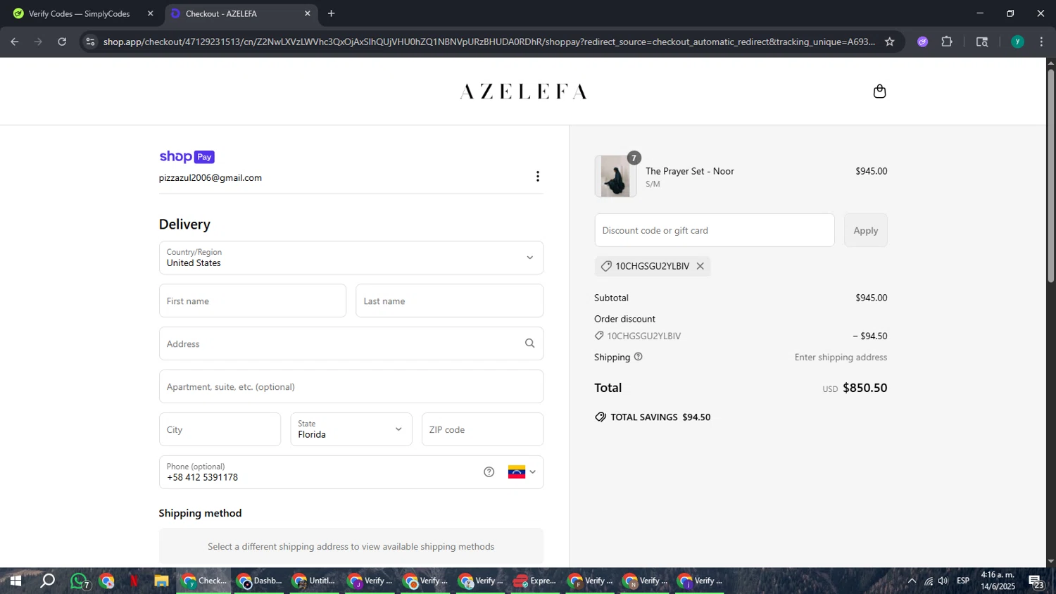 Azelefa Co promo code screenshot showing code 10CHGSGU2YLBIV applied at Azelefa Co checkout page. Uploaded by SimplyCodes community member FrugalCaptain6906 on Jun 14, 2025