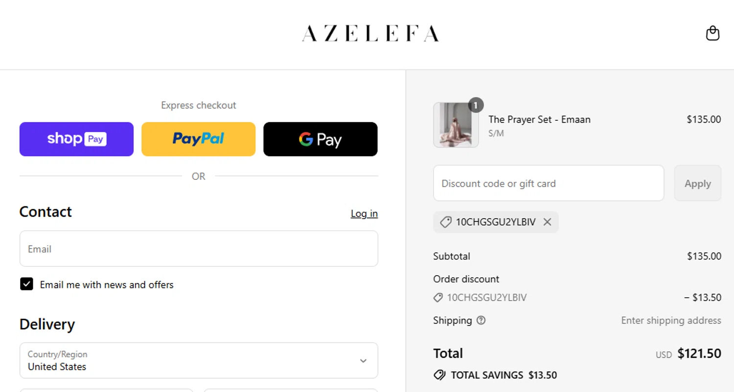 Azelefa Co promo code screenshot showing code 10CHGSGU2YLBIV applied at Azelefa Co checkout page. Uploaded by SimplyCodes community member GloriousCollector9521 on Jul 6, 2025