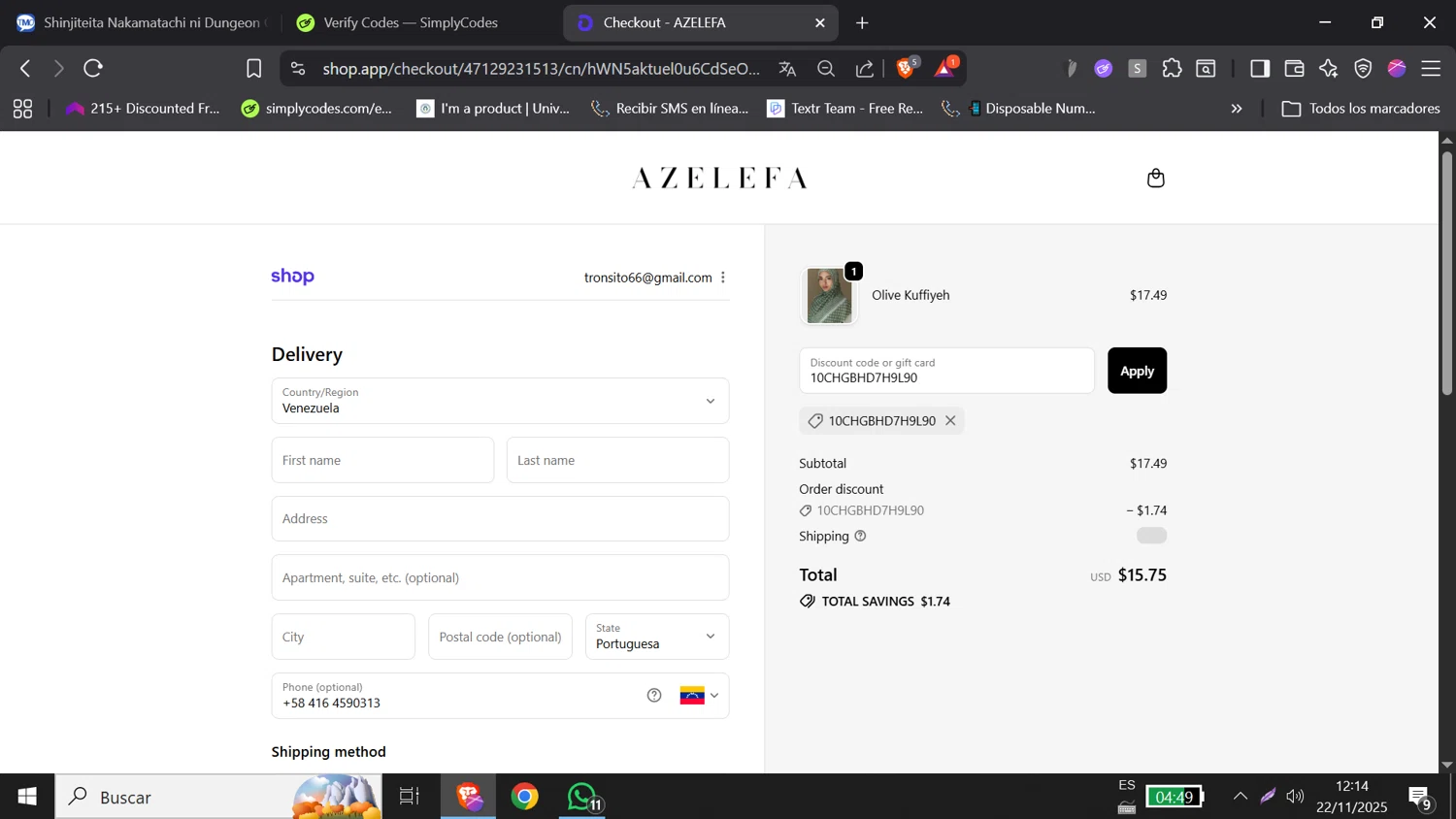 Azelefa Co promo code screenshot showing code 10CHGBHD7H9L90 applied at Azelefa Co checkout page. Uploaded by SimplyCodes community member DORIANGEL on Nov 22, 2025