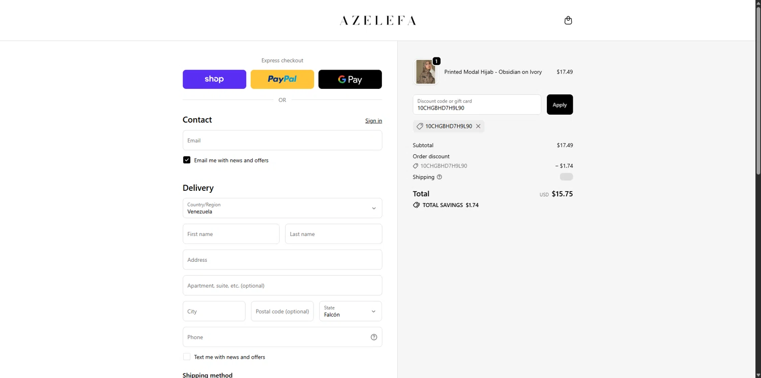 Azelefa Co promo code screenshot showing code 10CHGBHD7H9L90 applied at Azelefa Co checkout page. Uploaded by SimplyCodes community member FortunateDefender7285 on Dec 3, 2025