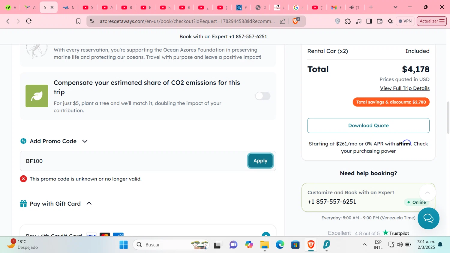 Azores Getaways promo code screenshot showing code BF100 applied at Azores Getaways checkout page. Uploaded by SimplyCodes community member Tratala on Mar 2, 2025