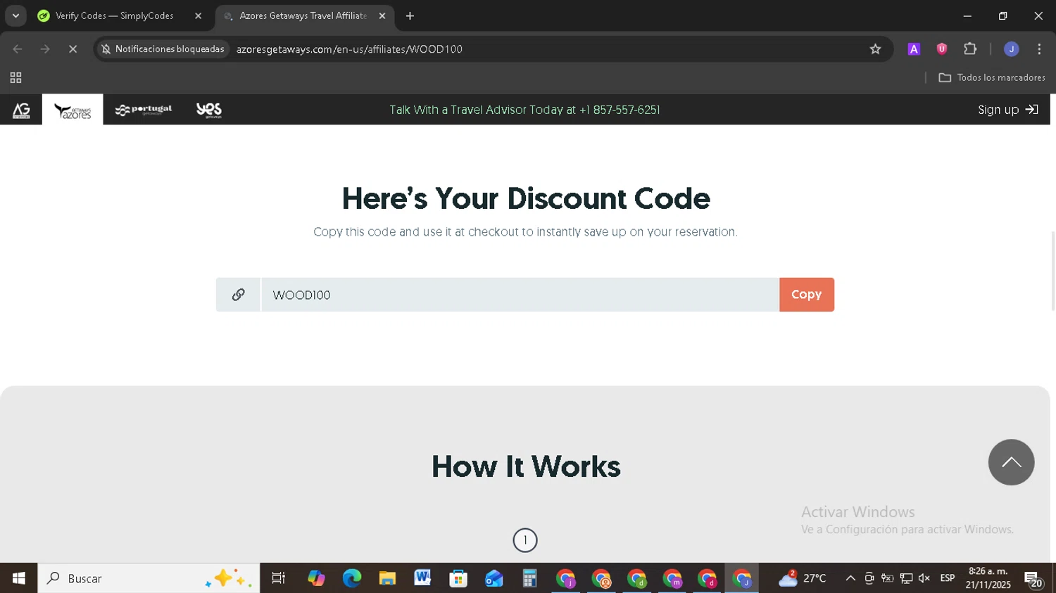 Azores Getaways promo code screenshot showing code WOOD100 applied at Azores Getaways checkout page. Uploaded by SimplyCodes community member EpicSage3474 on Nov 21, 2025