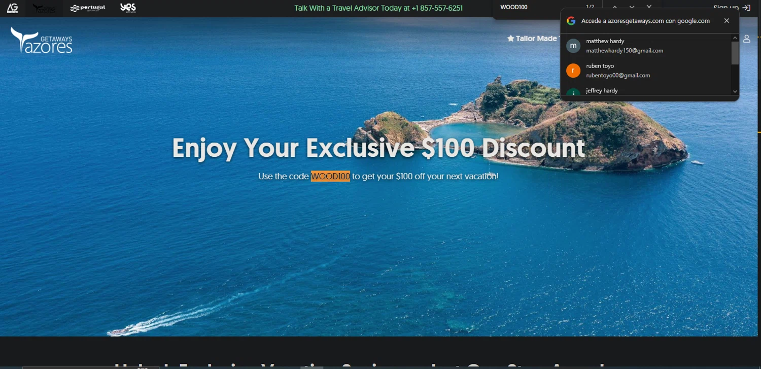 Azores Getaways promo code screenshot showing code WOOD100 applied at Azores Getaways checkout page. Uploaded by SimplyCodes community member TreasureMaestro5413 on Oct 23, 2025