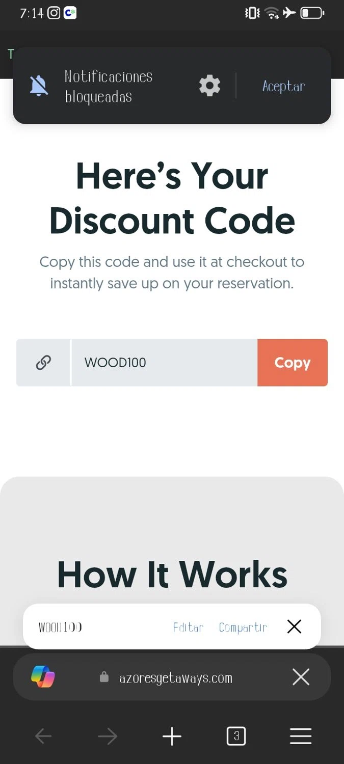 Azores Getaways promo code screenshot showing code WOOD100 applied at Azores Getaways checkout page. Uploaded by SimplyCodes community member Xx_Cogeburras3000_xX on Feb 16, 2026