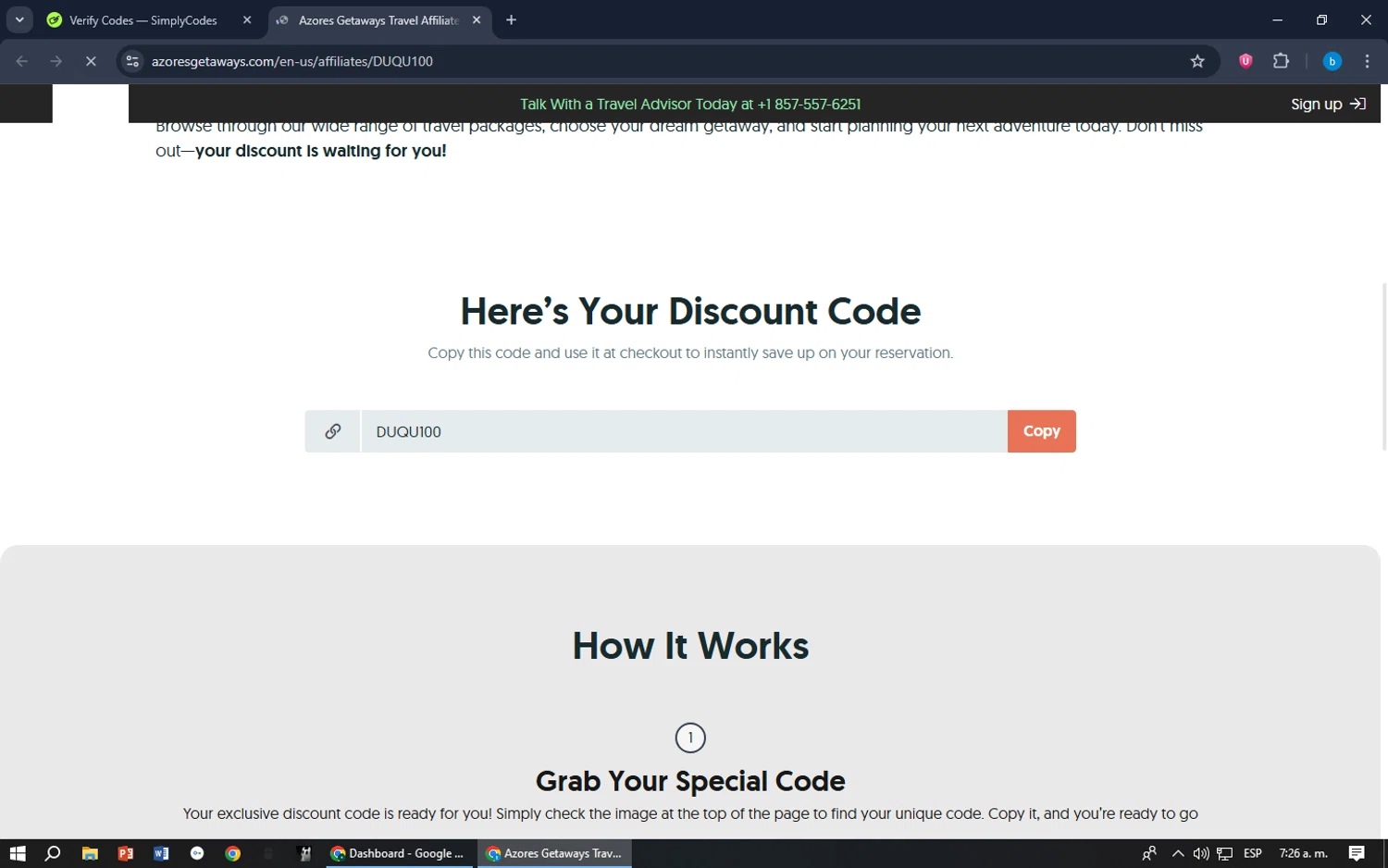 Azores Getaways promo code screenshot showing code DUQU100 applied at Azores Getaways checkout page. Uploaded by SimplyCodes community member bilijr on Oct 21, 2025