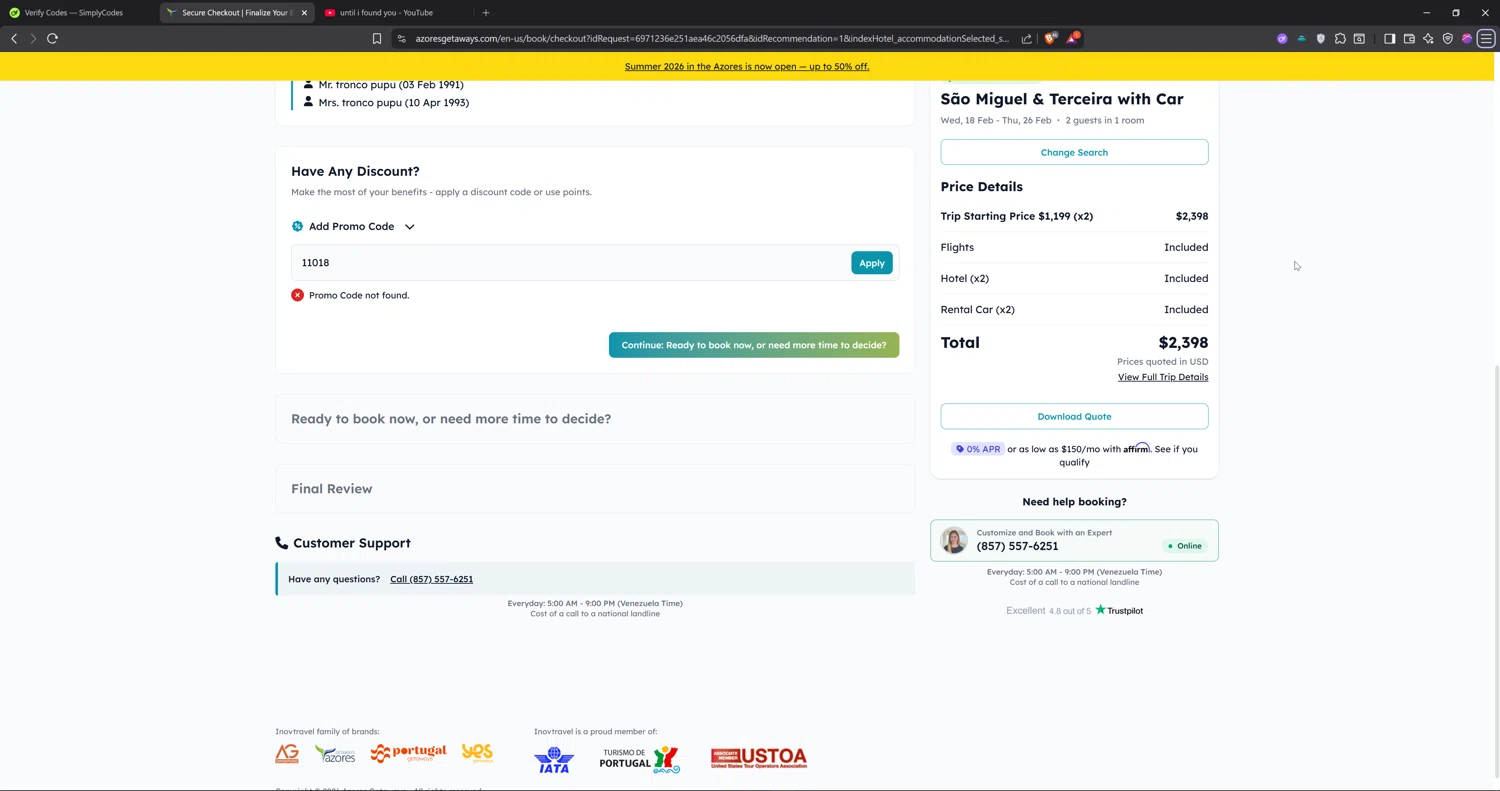 Azores Getaways promo code screenshot showing code 11018 applied at Azores Getaways checkout page. Uploaded by SimplyCodes community member Cbombis on Jan 21, 2026