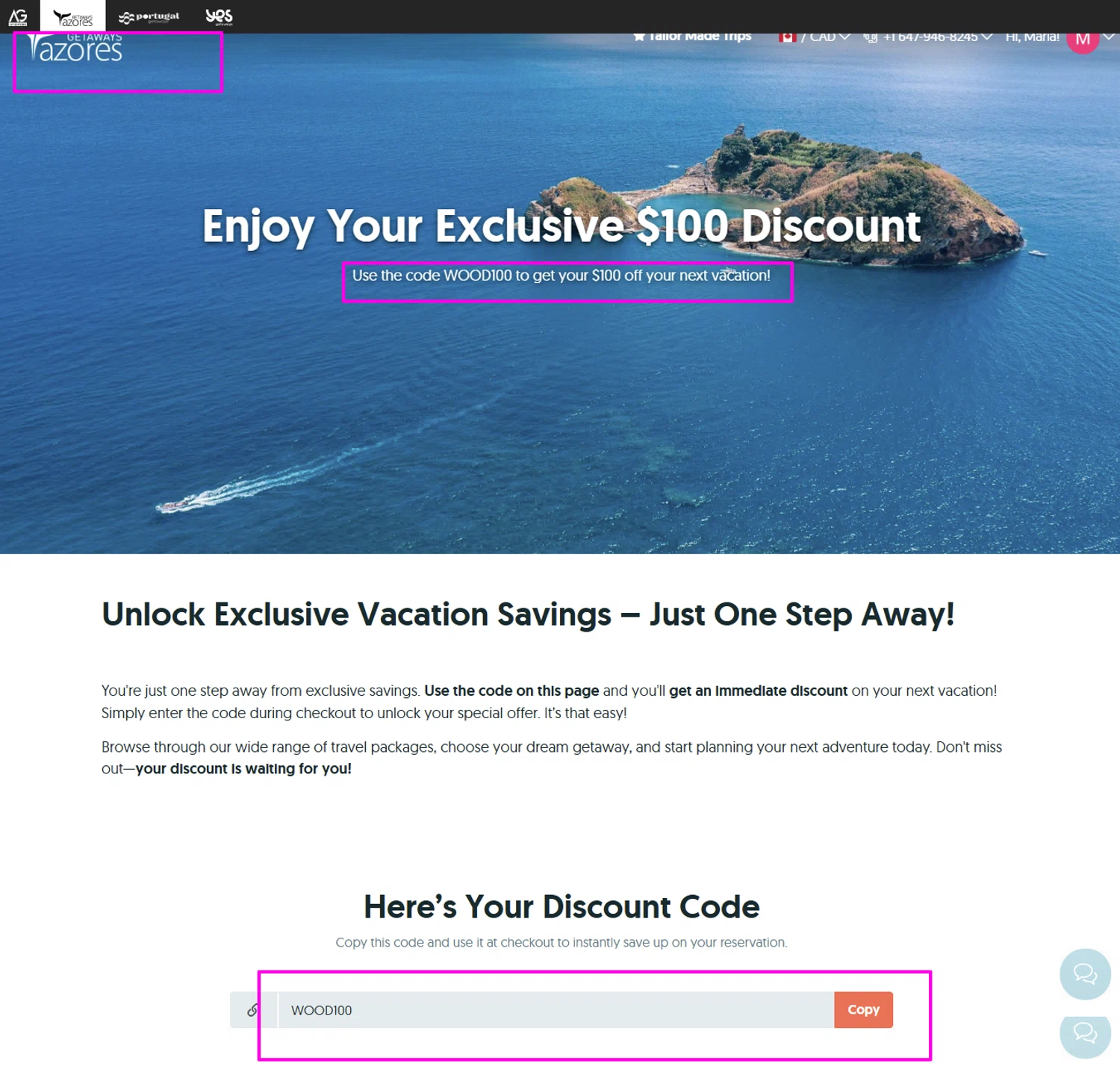 Azores Getaways promo code screenshot showing code WOOD100 applied at Azores Getaways checkout page. Uploaded by SimplyCodes community member mrdarcy on Sep 22, 2025