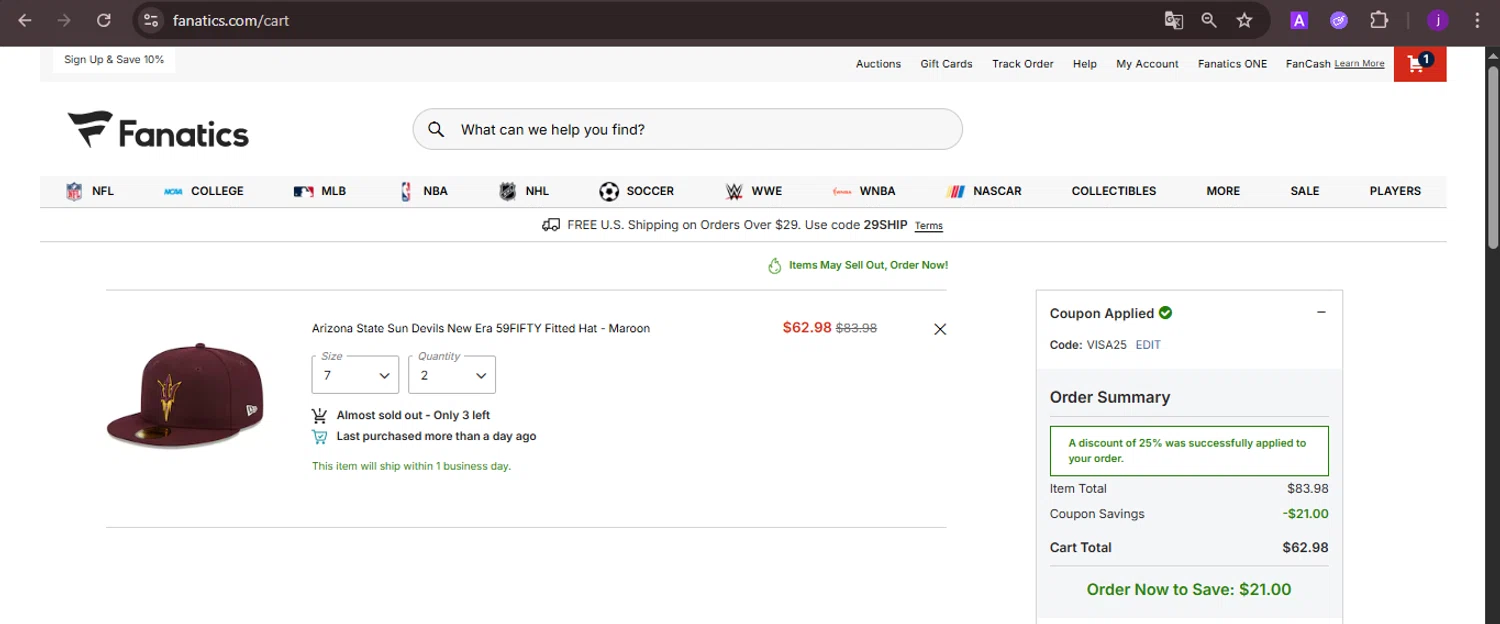 Arizona State Sun Devils promo code screenshot showing code VISA25 applied at Arizona State Sun Devils checkout page. Uploaded by SimplyCodes community member CoinMaverick1452 on Aug 27, 2025