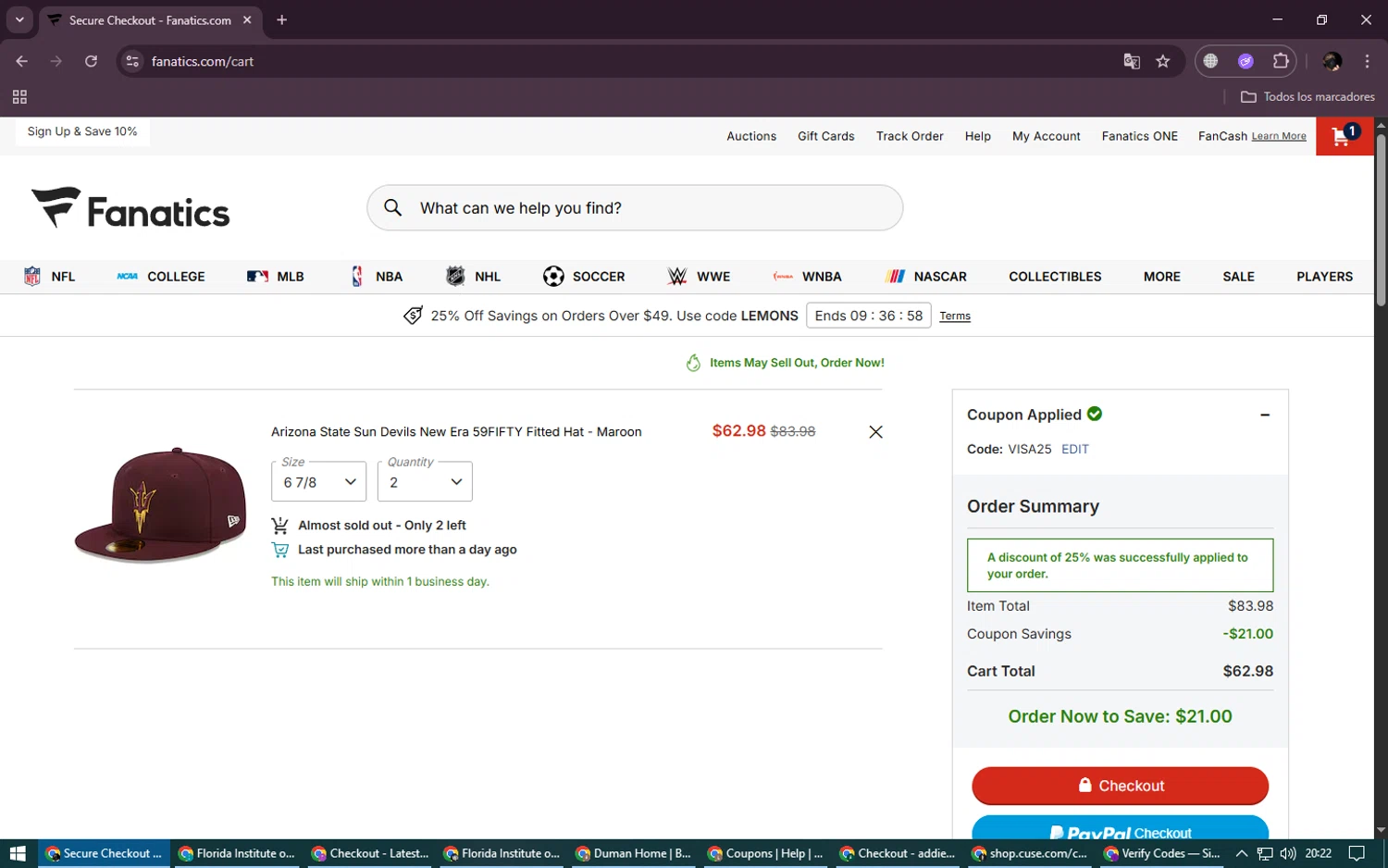 Arizona State Sun Devils promo code screenshot showing code VISA25 applied at Arizona State Sun Devils checkout page. Uploaded by SimplyCodes community member LegendaryWarden2503 on Aug 24, 2025