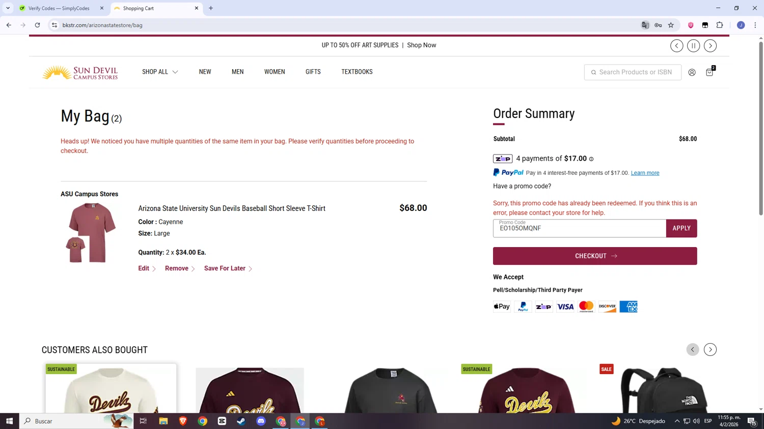 Arizona State Sun Devils checkout page showing Arizona State Sun Devils promo code box | Screenshot taken by SimplyCodes community member on Feb 5, 2026