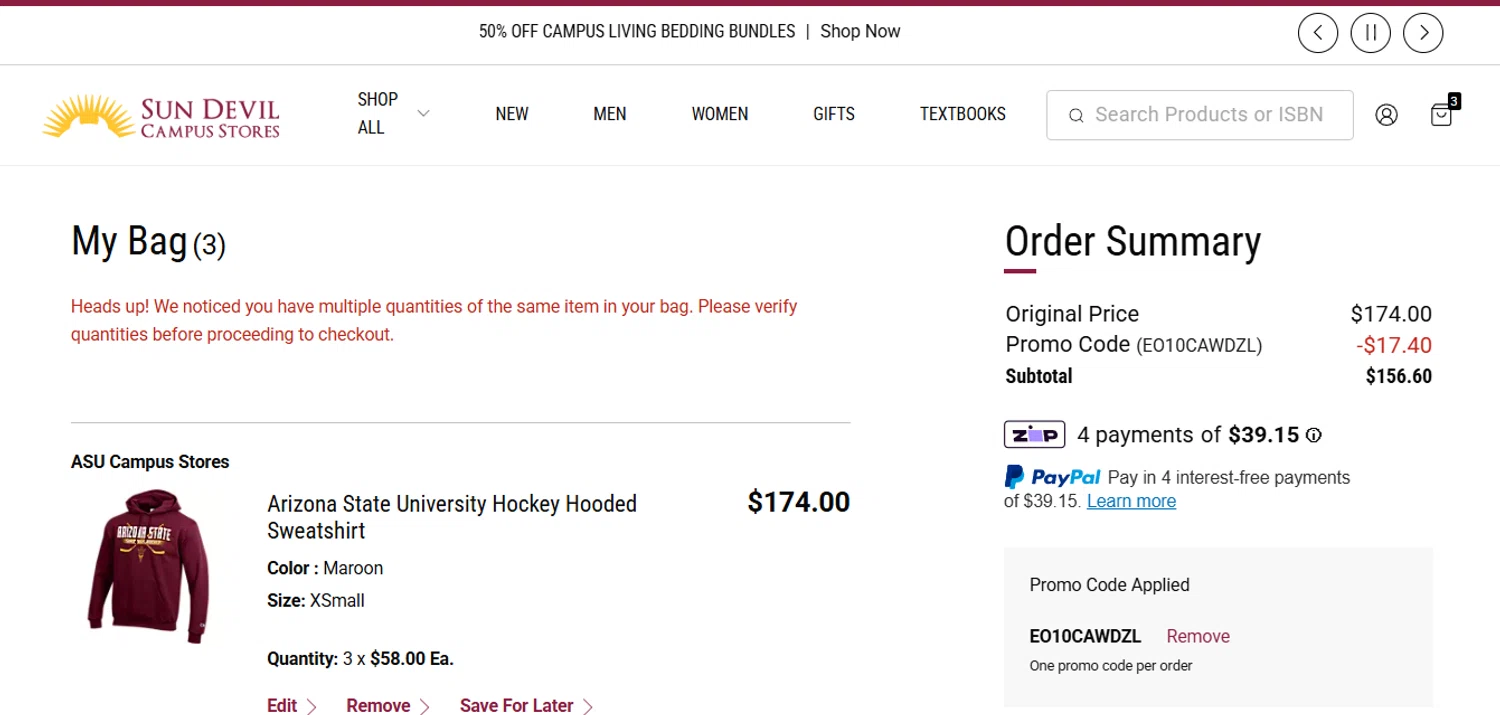 Arizona State Sun Devils checkout page showing Arizona State Sun Devils promo code box | Screenshot taken by SimplyCodes community member on Feb 5, 2026