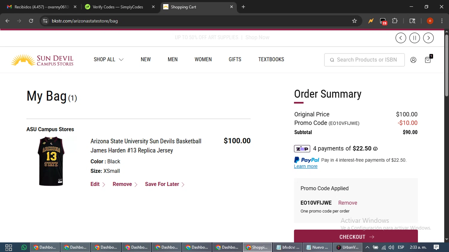 Arizona State Sun Devils promo code screenshot showing code EO10VFIJWE applied at Arizona State Sun Devils checkout page. Uploaded by SimplyCodes community member WiseTracker2171 on Feb 11, 2026