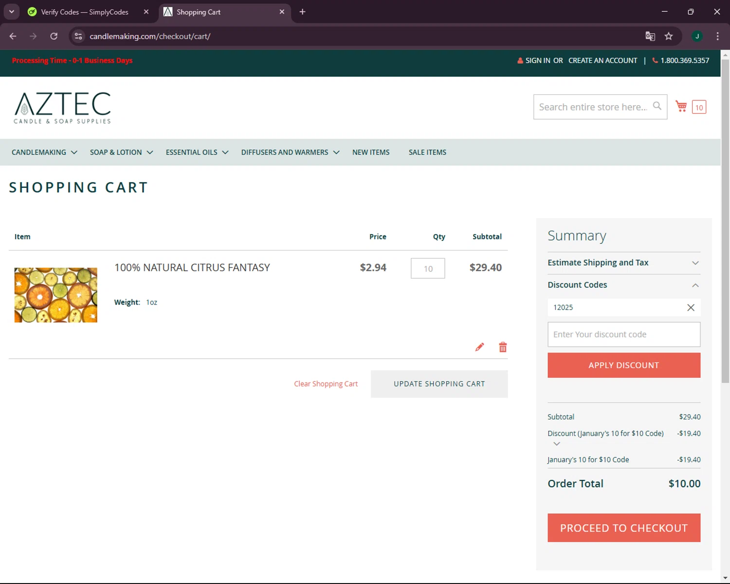 Aztec Candle and Soap Making Supplies checkout page showing Aztec Candle and Soap Making Supplies promo code box | Screenshot taken by SimplyCodes community member on Jan 30, 2025