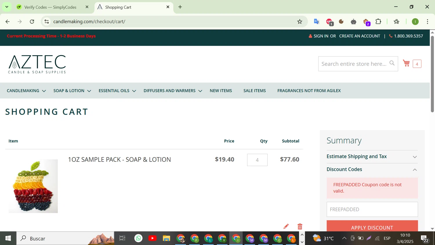 Aztec Candle and Soap Making Supplies promo code screenshot showing code FREEPADDED applied at Aztec Candle and Soap Making Supplies checkout page. Uploaded by SimplyCodes community member WonderHunter255 on Apr 3, 2025