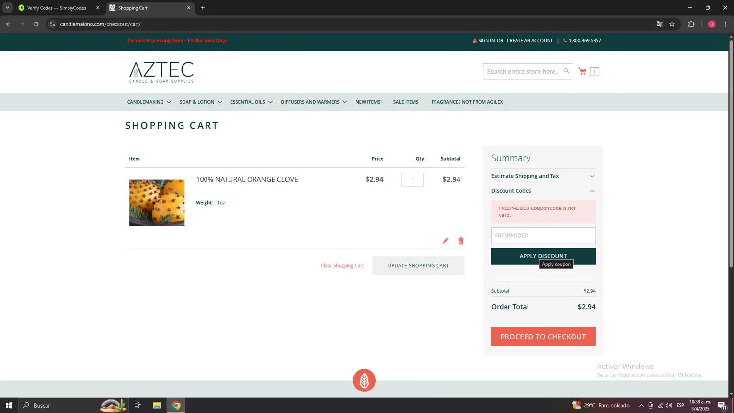 Aztec Candle and Soap Making Supplies promo code screenshot showing code FREEPADDED applied at Aztec Candle and Soap Making Supplies checkout page. Uploaded by SimplyCodes community member MrPickles on Apr 3, 2025