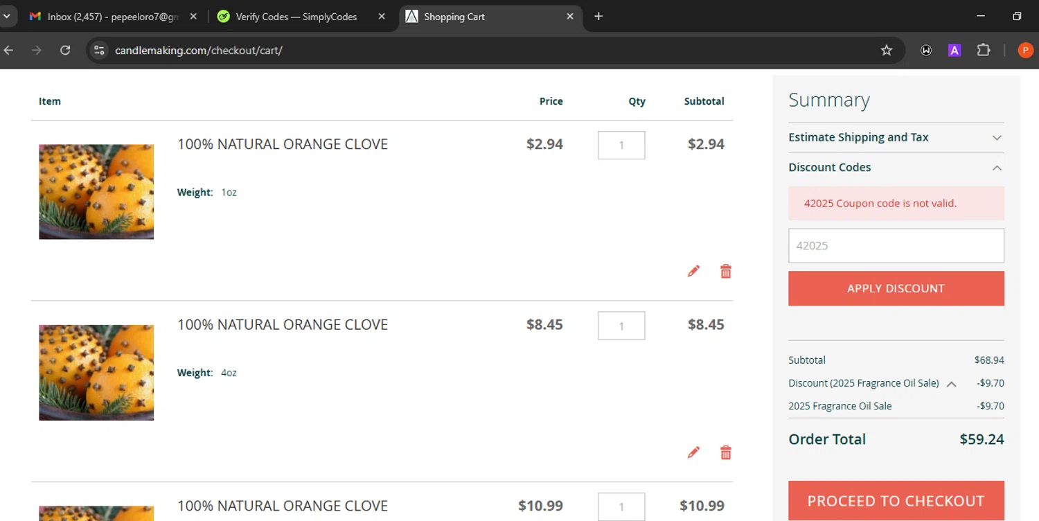 Aztec Candle and Soap Making Supplies promo code screenshot showing code 42025 applied at Aztec Candle and Soap Making Supplies checkout page. Uploaded by SimplyCodes community member Eminem on May 25, 2025