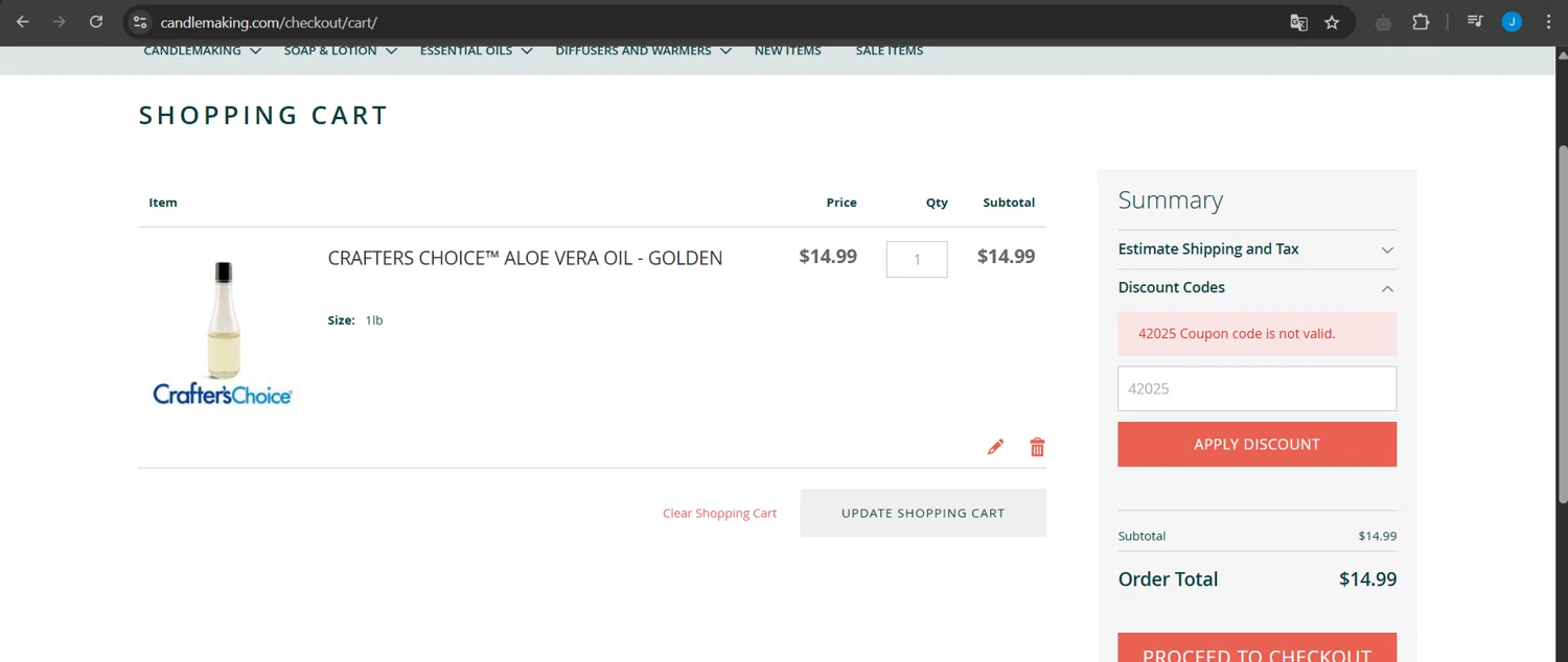 Aztec Candle and Soap Making Supplies promo code screenshot showing code 42025 applied at Aztec Candle and Soap Making Supplies checkout page. Uploaded by SimplyCodes community member Jeanjc on May 25, 2025
