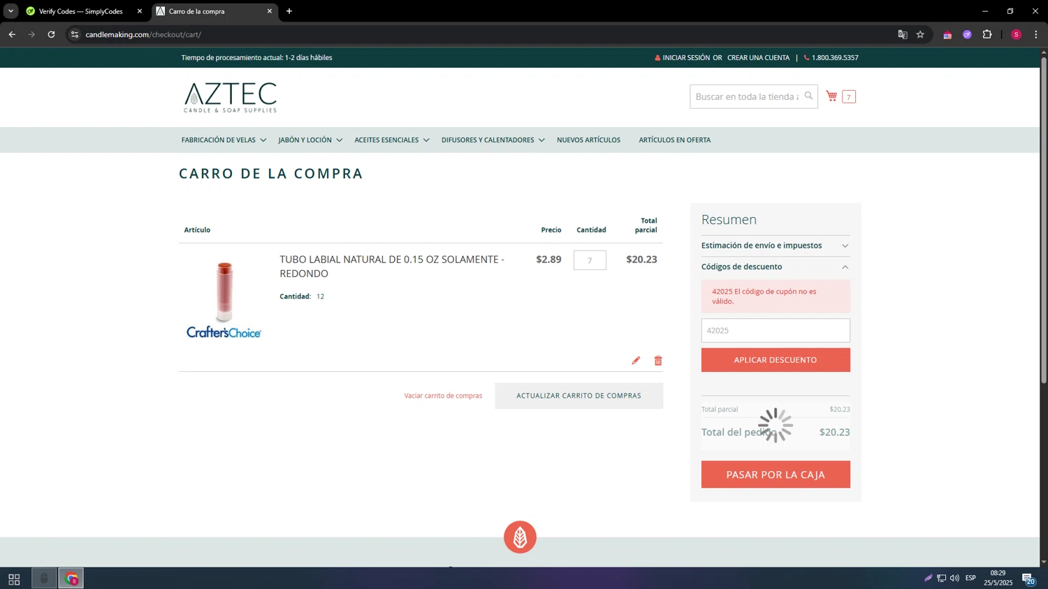 Aztec Candle and Soap Making Supplies promo code screenshot showing code 42025 applied at Aztec Candle and Soap Making Supplies checkout page. Uploaded by SimplyCodes community member 789456 on May 25, 2025