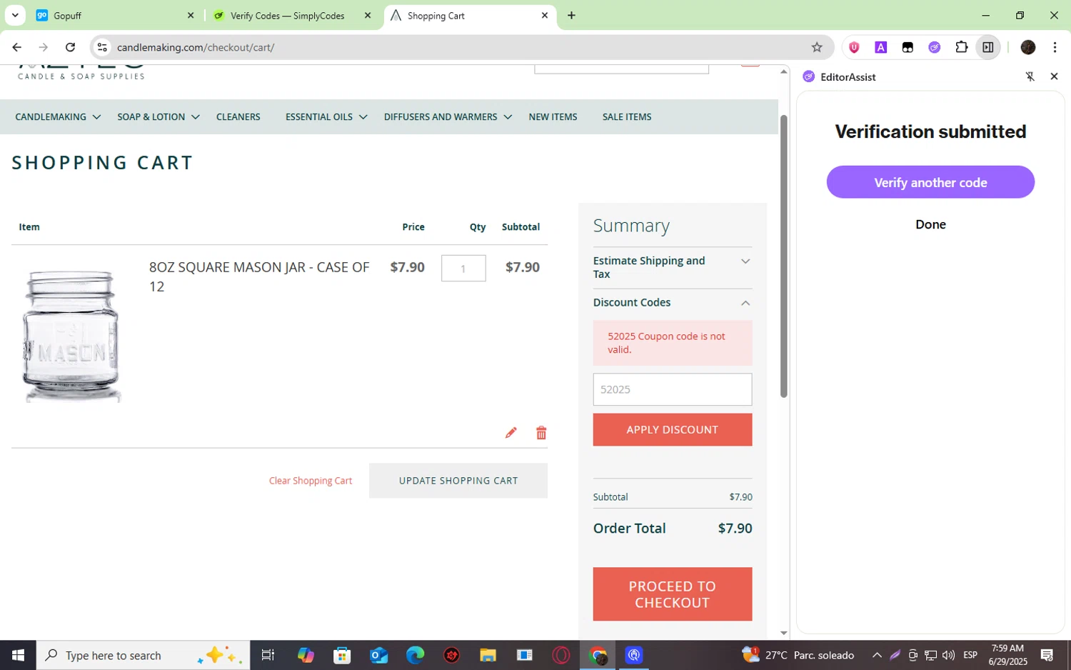 Aztec Candle and Soap Making Supplies promo code screenshot showing code 52025 applied at Aztec Candle and Soap Making Supplies checkout page. Uploaded by SimplyCodes community member Jvllsk1 on Jun 29, 2025