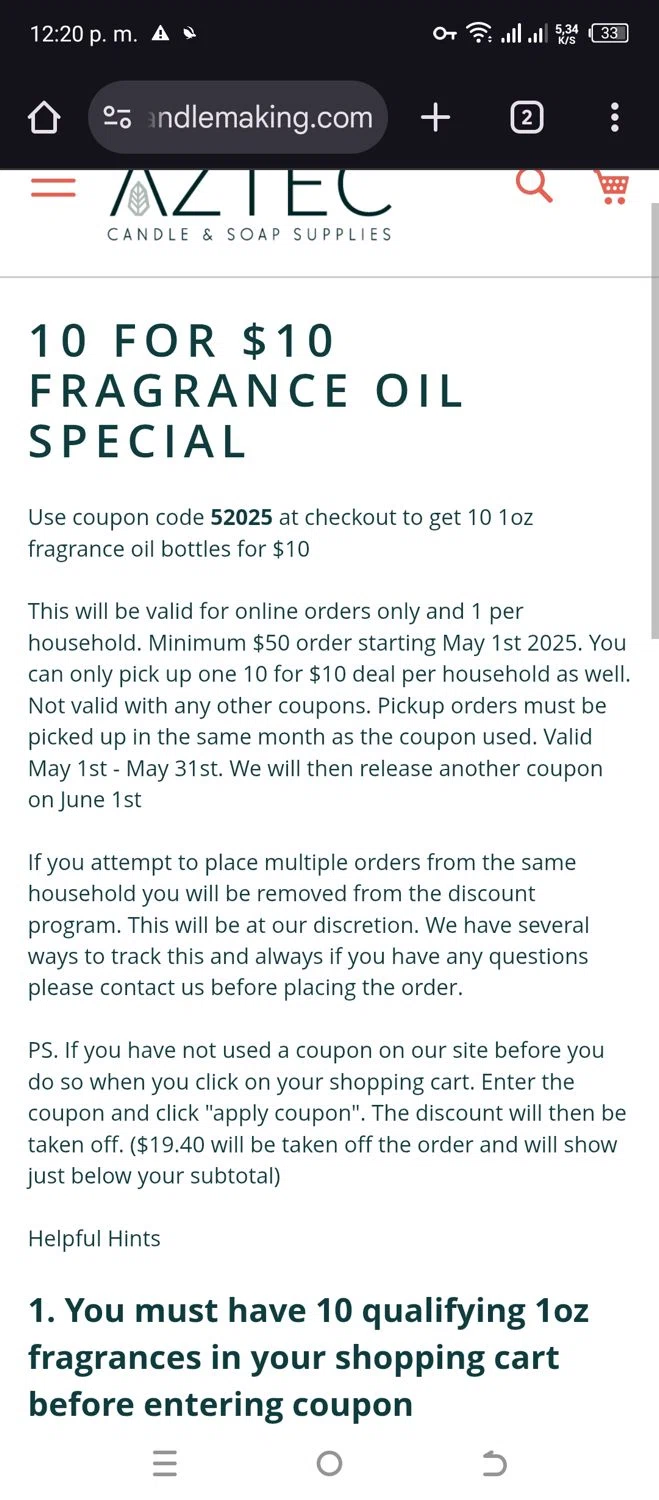Aztec Candle and Soap Making Supplies checkout page showing Aztec Candle and Soap Making Supplies promo code box | Screenshot taken by SimplyCodes community member on May 31, 2025