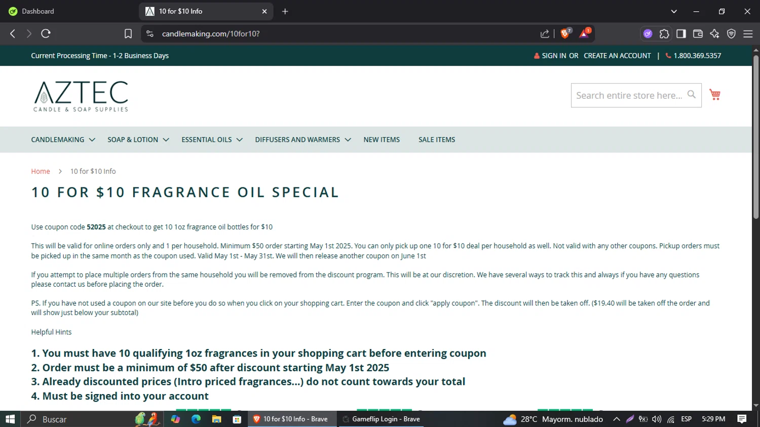 Aztec Candle and Soap Making Supplies checkout page showing Aztec Candle and Soap Making Supplies promo code box | Screenshot taken by SimplyCodes community member on May 31, 2025