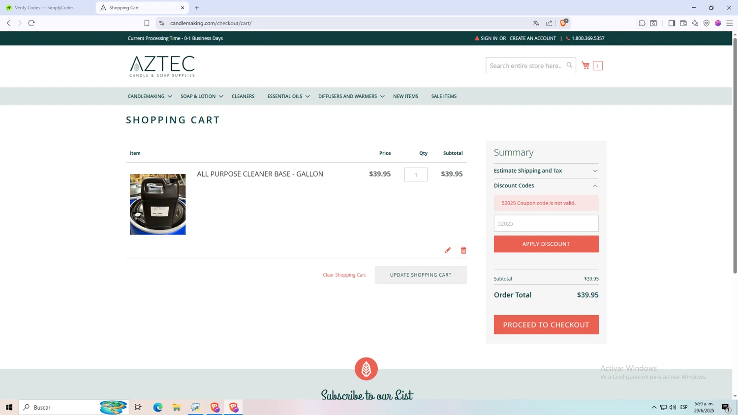 Aztec Candle and Soap Making Supplies promo code screenshot showing code 52025 applied at Aztec Candle and Soap Making Supplies checkout page. Uploaded by SimplyCodes community member jHjJJJhgPlDmsdUYitrNMASDll on Jun 29, 2025