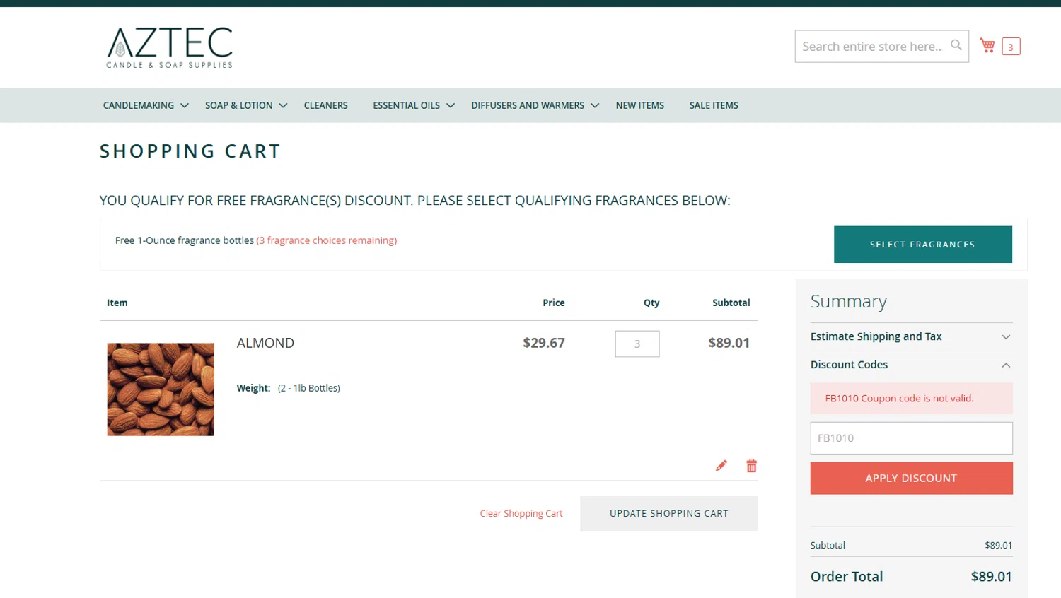 Aztec Candle and Soap Making Supplies promo code screenshot showing code FB1010 applied at Aztec Candle and Soap Making Supplies checkout page. Uploaded by SimplyCodes community member LieutenantGhost on Oct 17, 2025