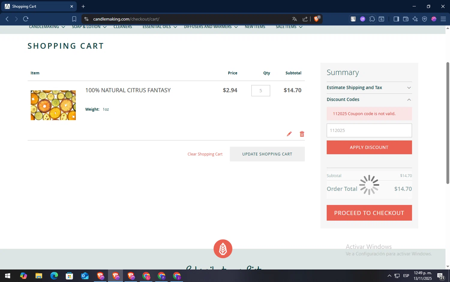Aztec Candle and Soap Making Supplies promo code screenshot showing code 112025 applied at Aztec Candle and Soap Making Supplies checkout page. Uploaded by SimplyCodes community member TokenSaver1205 on Nov 13, 2025