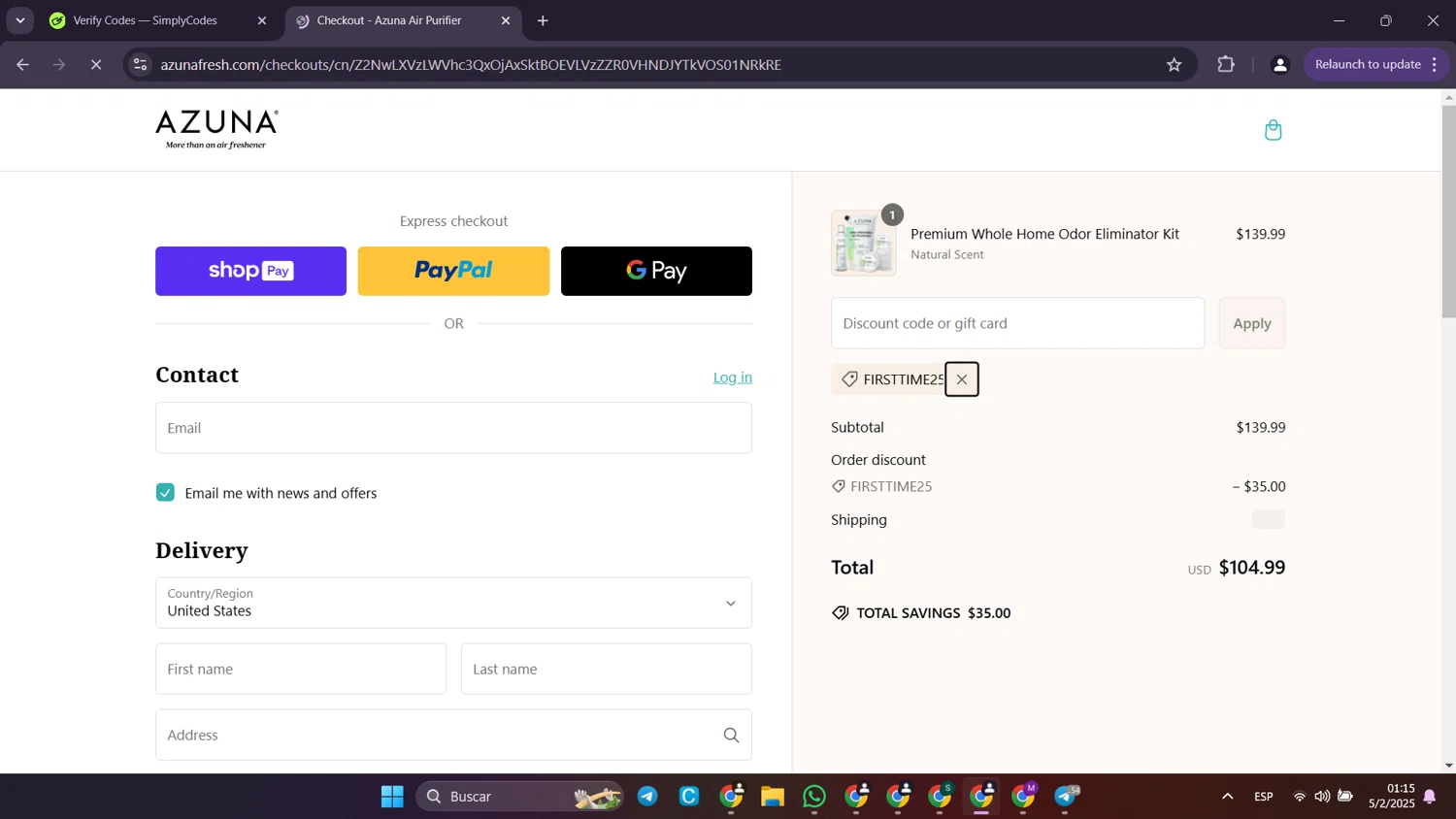 Azuna discount code screenshot showing code FIRSTTIME25 applied at Azuna checkout page. Uploaded by SimplyCodes community member Puppet on Feb 5, 2025