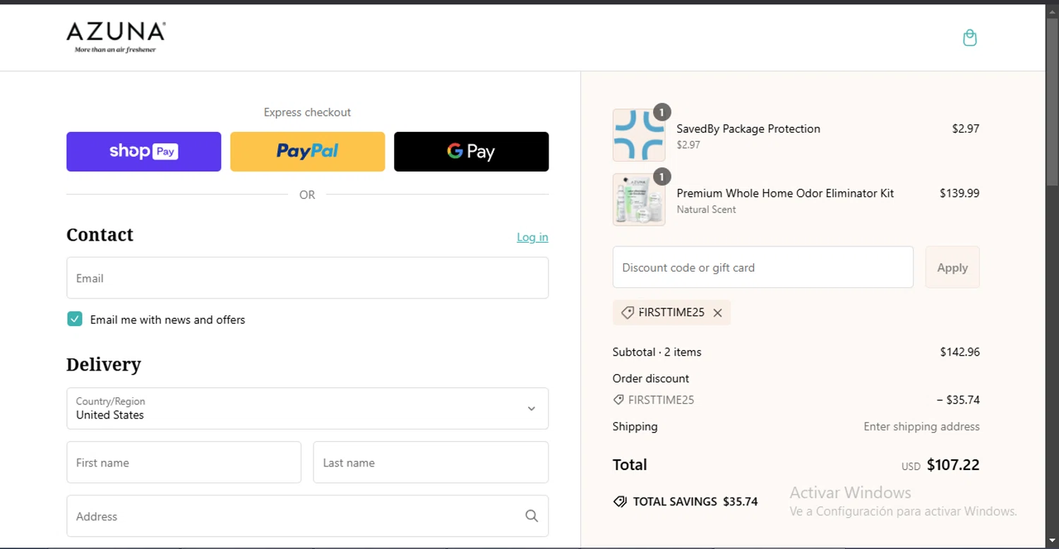 Azuna discount code screenshot showing code FIRSTTIME25 applied at Azuna checkout page. Uploaded by SimplyCodes community member Doomslayer on Feb 25, 2025