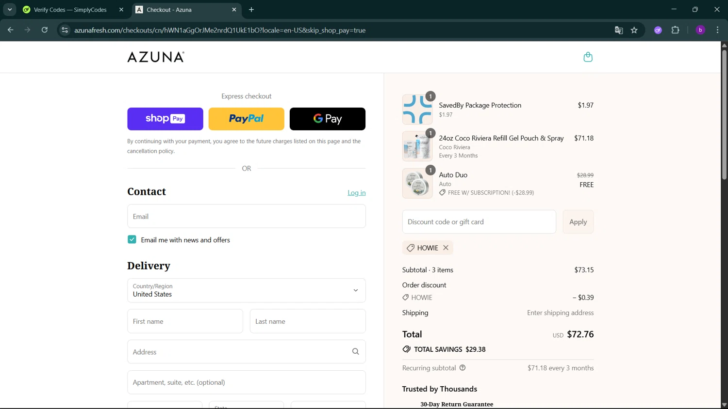 Azuna discount code screenshot showing code HOWIE applied at Azuna checkout page. Uploaded by SimplyCodes community member RoyalSleuth2430 on Aug 9, 2025