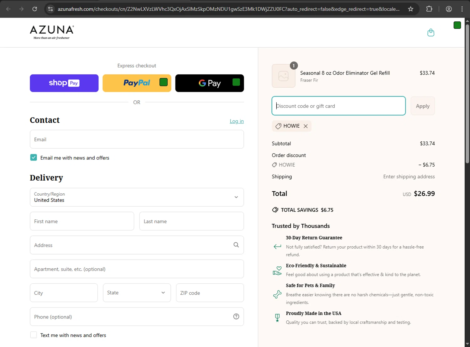 Azuna discount code screenshot showing code HOWIE applied at Azuna checkout page. Uploaded by SimplyCodes community member MRDEAL on Apr 18, 2025