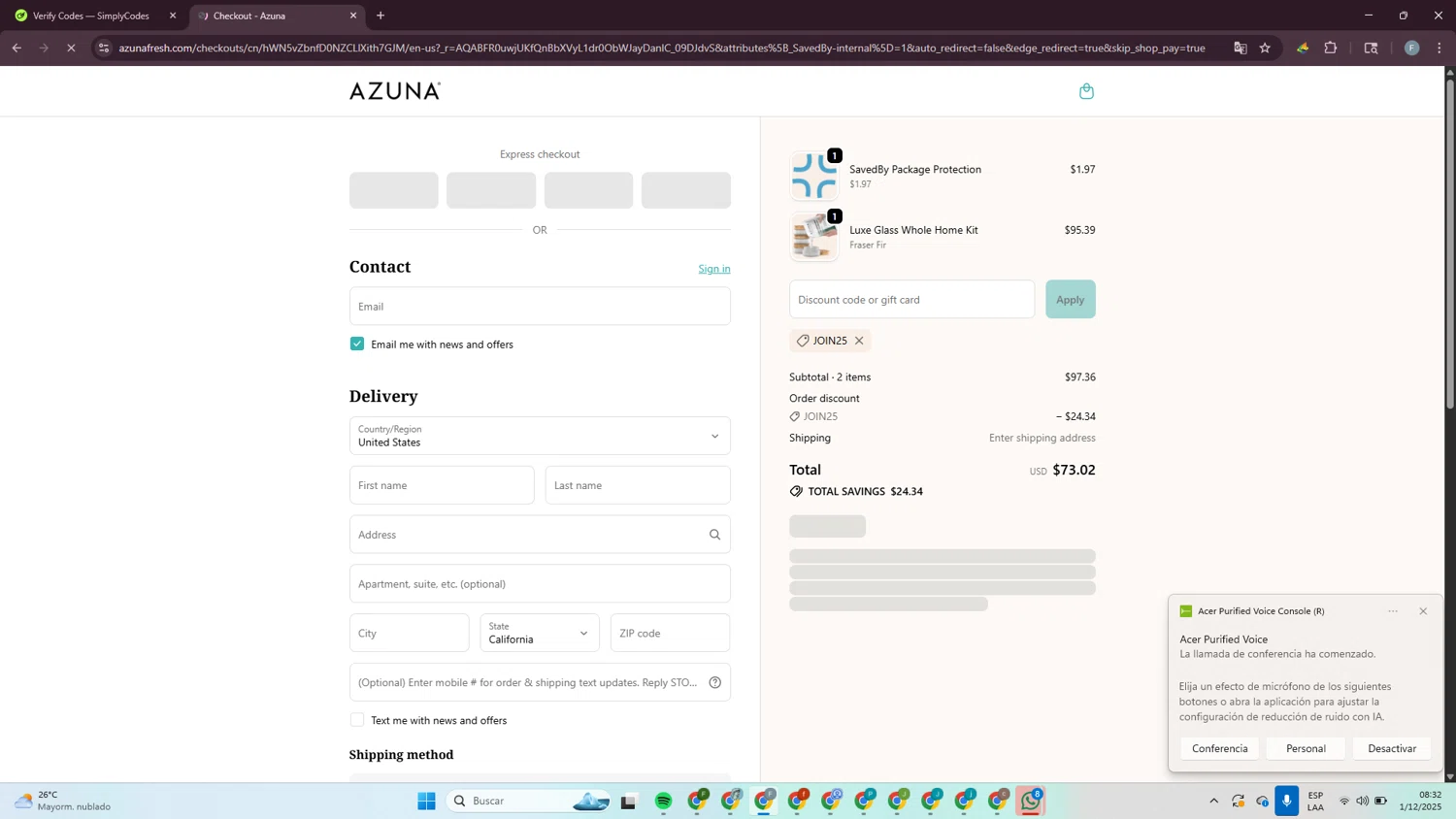 Azuna discount code screenshot showing code JOIN25 applied at Azuna checkout page. Uploaded by SimplyCodes community member MagnificentLynx1486 on Dec 1, 2025