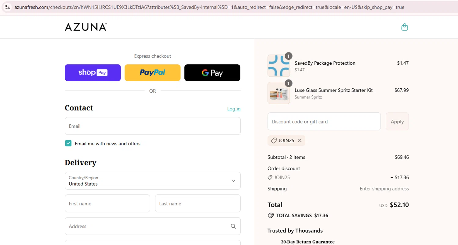 Azuna discount code screenshot showing code JOIN25 applied at Azuna checkout page. Uploaded by SimplyCodes community member Teamgorila on Jul 26, 2025