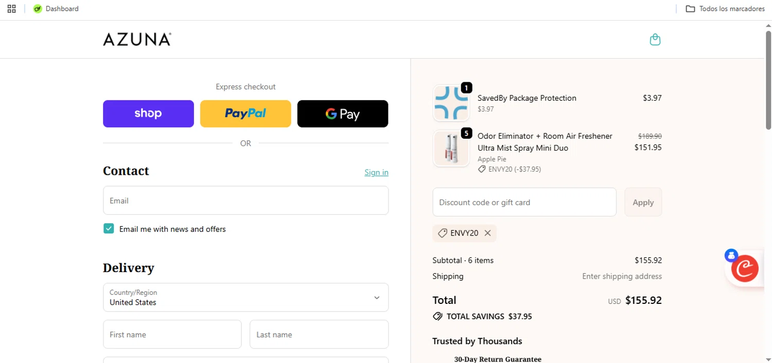 Azuna discount code screenshot showing code ENVY20 applied at Azuna checkout page. Uploaded by SimplyCodes community member Speedy on Dec 4, 2025