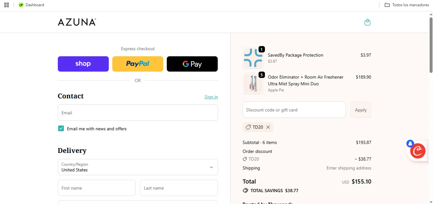 Azuna discount code screenshot showing code TD20 applied at Azuna checkout page. Uploaded by SimplyCodes community member Speedy on Dec 4, 2025