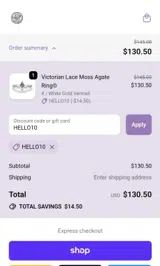 HELLO10 coupon verification screenshot