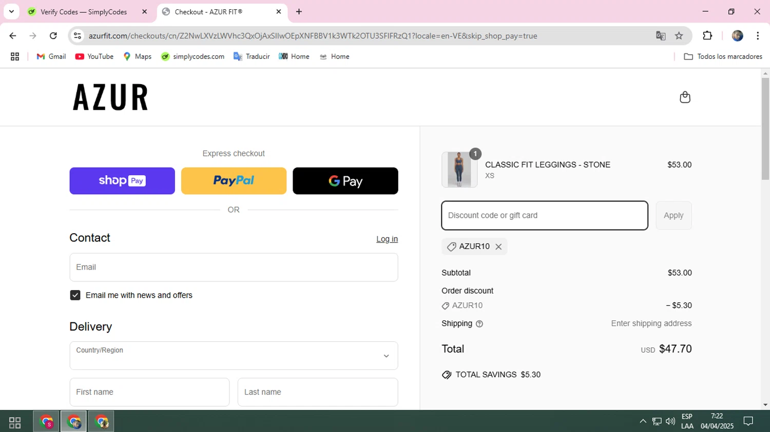 Azur Fit discount code screenshot showing code AZUR10 applied at Azur Fit checkout page. Uploaded by SimplyCodes community member ELROJO on Apr 4, 2025