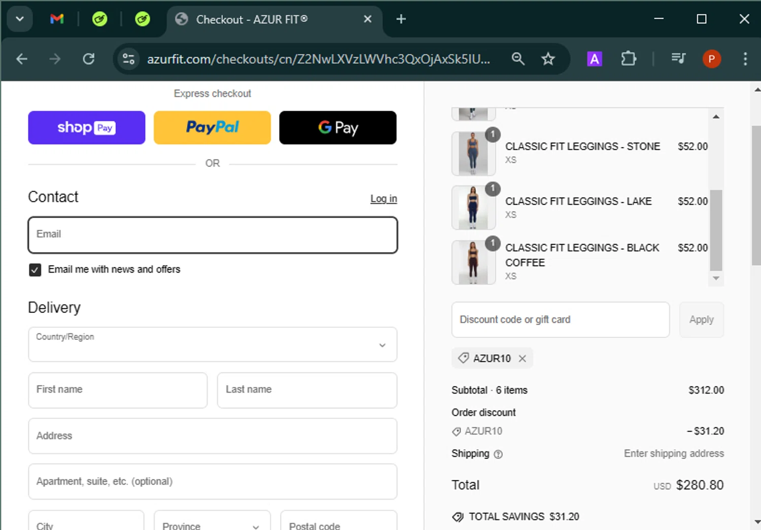 Azur Fit discount code screenshot showing code AZUR10 applied at Azur Fit checkout page. Uploaded by SimplyCodes community member Isabelle_adjanichamber on Mar 4, 2025