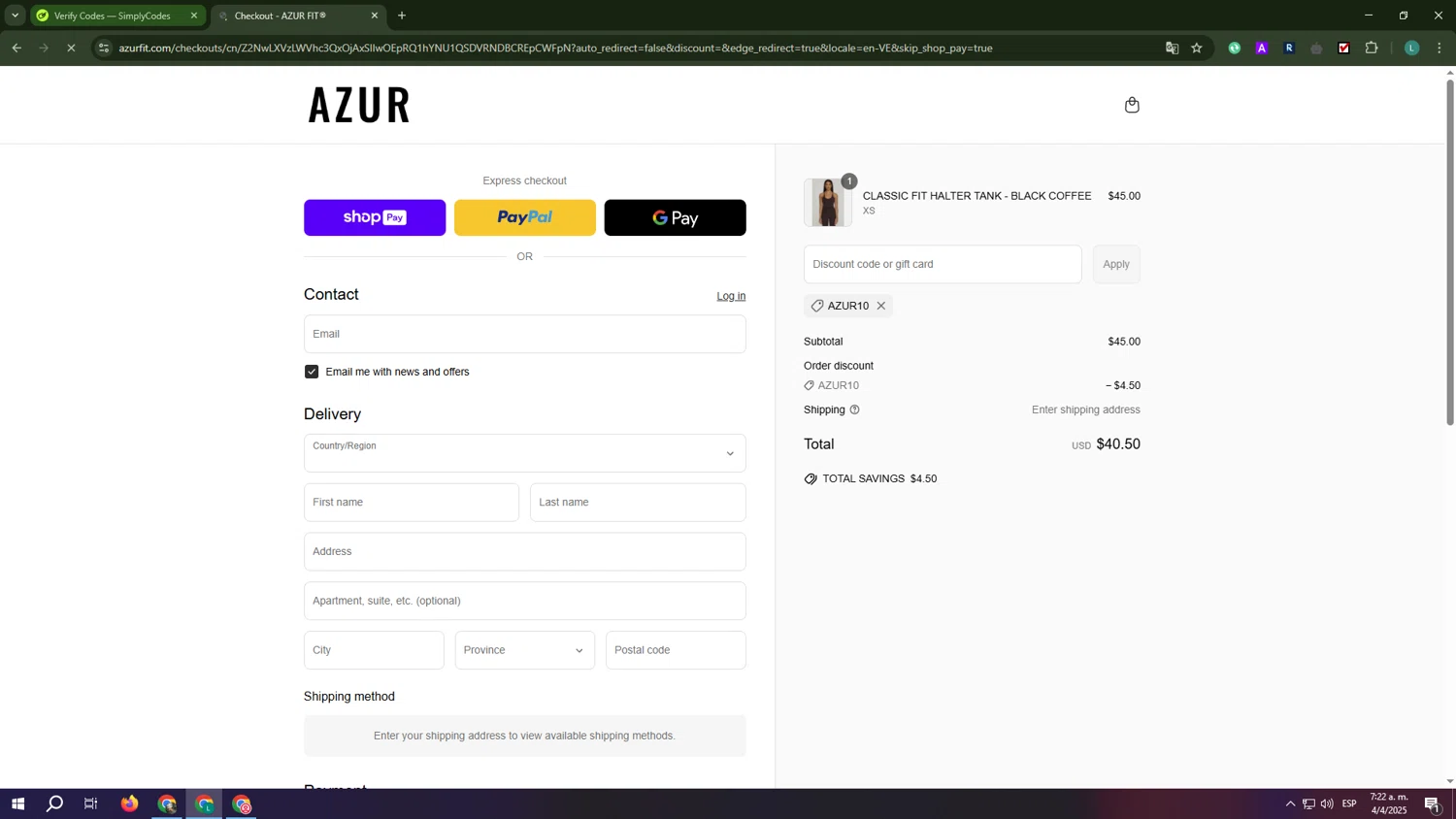 Azur Fit discount code screenshot showing code AZUR10 applied at Azur Fit checkout page. Uploaded by SimplyCodes community member BudgetSleuth9431 on Apr 4, 2025