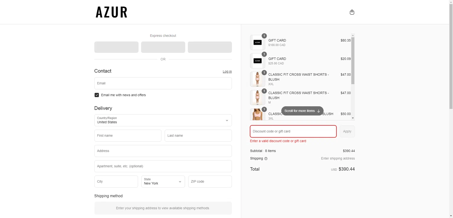 Azur Fit discount code screenshot showing code saleonsale applied at Azur Fit checkout page. Uploaded by SimplyCodes community member EpicEagle816 on Jun 4, 2025