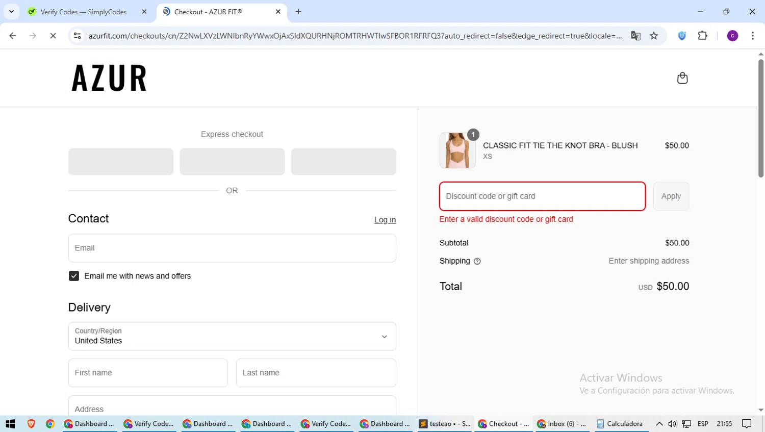 Azur Fit discount code screenshot showing code saleonsale applied at Azur Fit checkout page. Uploaded by SimplyCodes community member SavingsWarden1053 on Jun 4, 2025