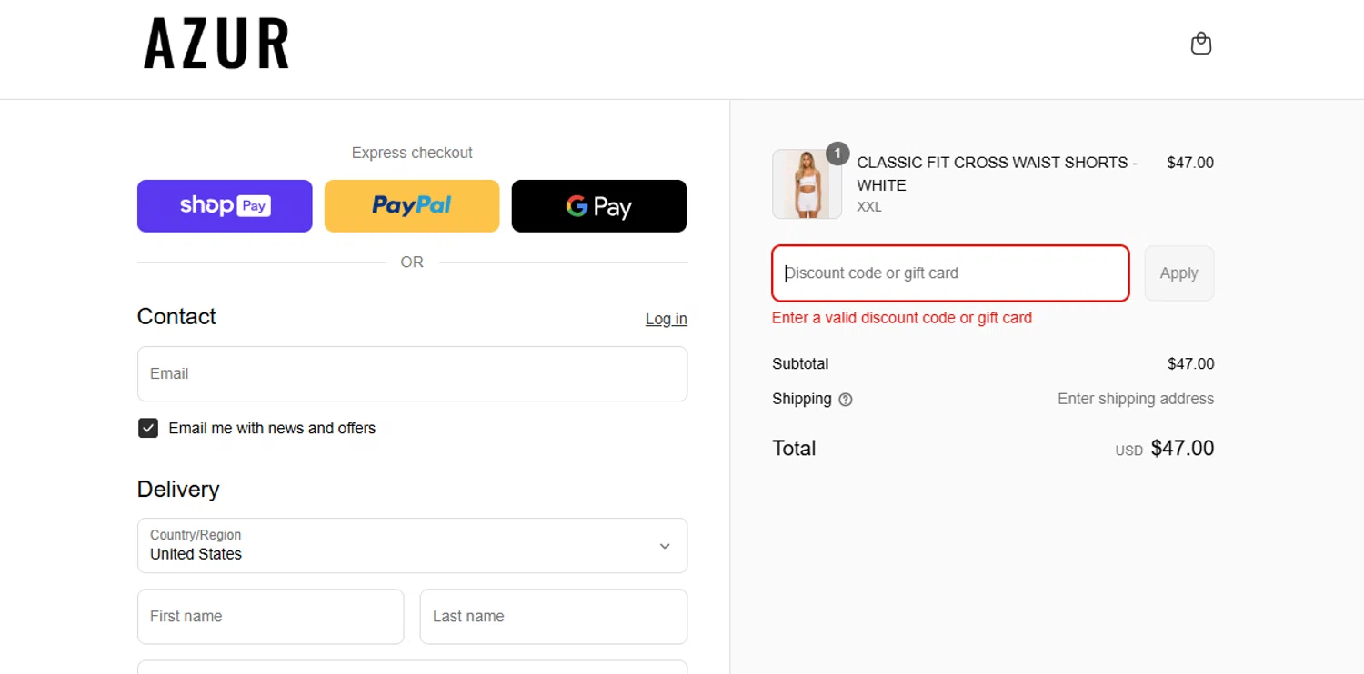 Azur Fit discount code screenshot showing code saleonsale applied at Azur Fit checkout page. Uploaded by SimplyCodes community member joandgray9 on Aug 20, 2025
