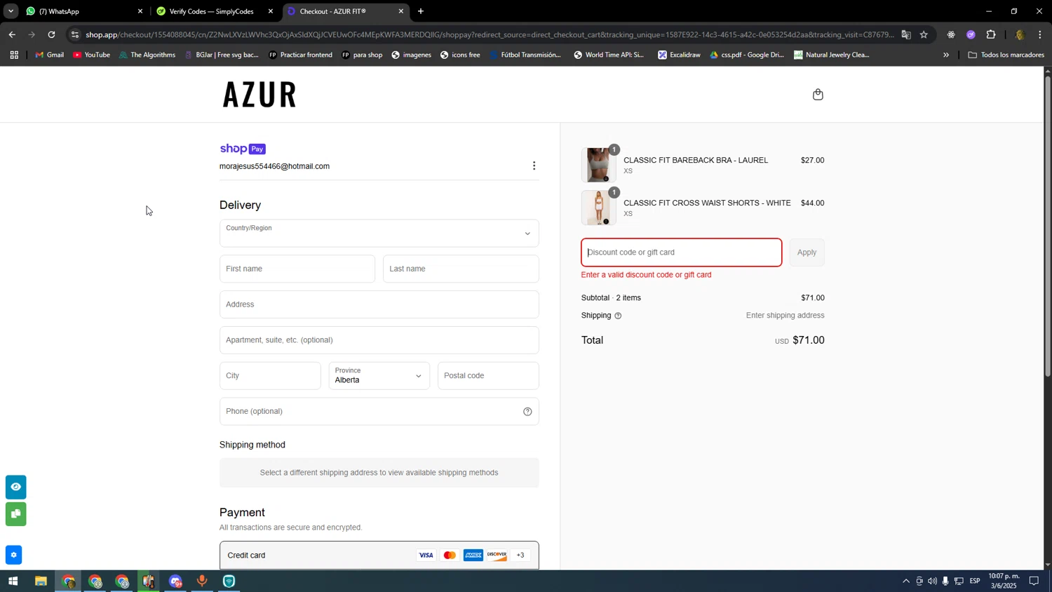 Azur Fit discount code screenshot showing code saleonsale applied at Azur Fit checkout page. Uploaded by SimplyCodes community member nomoney on Jun 4, 2025