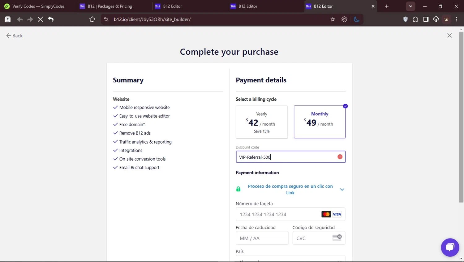 B12 promo code screenshot showing code VIP-Referral-500 applied at B12 checkout page. Uploaded by SimplyCodes community member CleverPioneer8971 on Mar 12, 2025