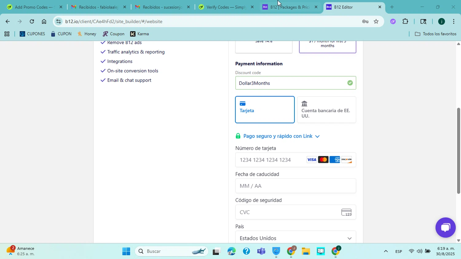 B12 promo code screenshot showing code Dollar3Months applied at B12 checkout page. Uploaded by SimplyCodes community member ABHF23 on Aug 30, 2025