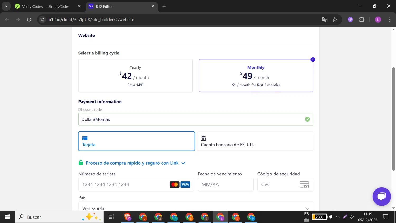 B12 promo code screenshot showing code Dollar3Months applied at B12 checkout page. Uploaded by SimplyCodes community member DiscountMonarch2312 on Dec 5, 2025