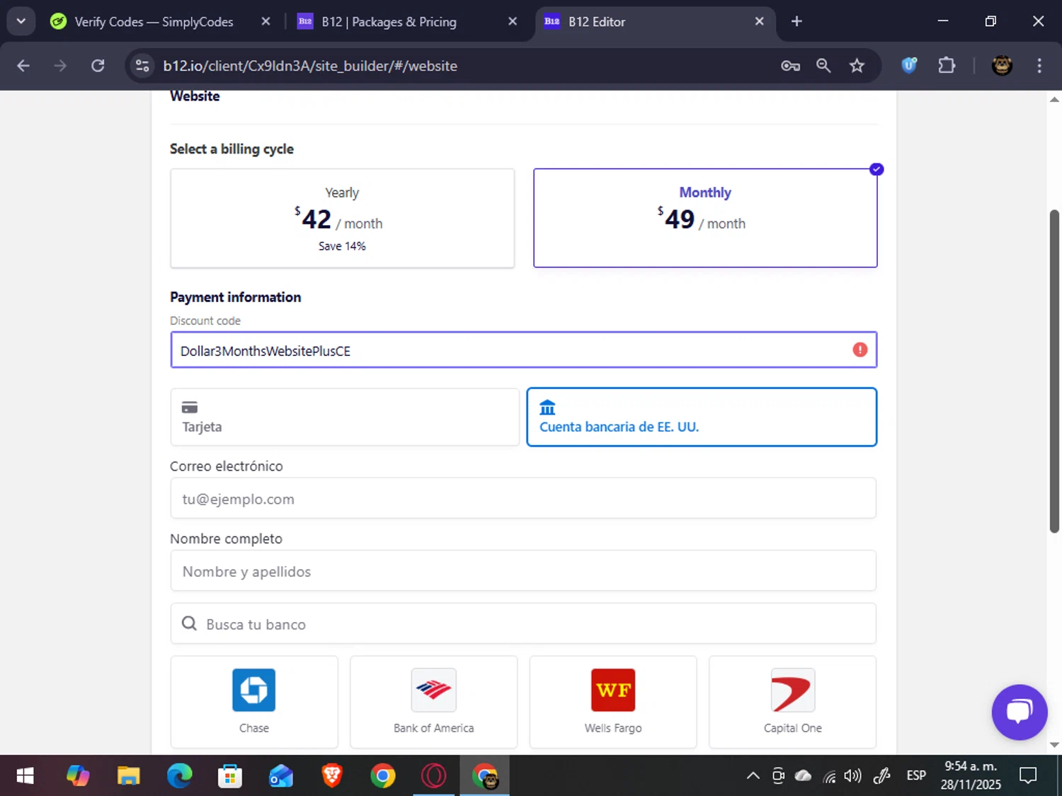 B12 promo code screenshot showing code Dollar3MonthsWebsitePlusCE applied at B12 checkout page. Uploaded by SimplyCodes community member abrahanv on Nov 28, 2025