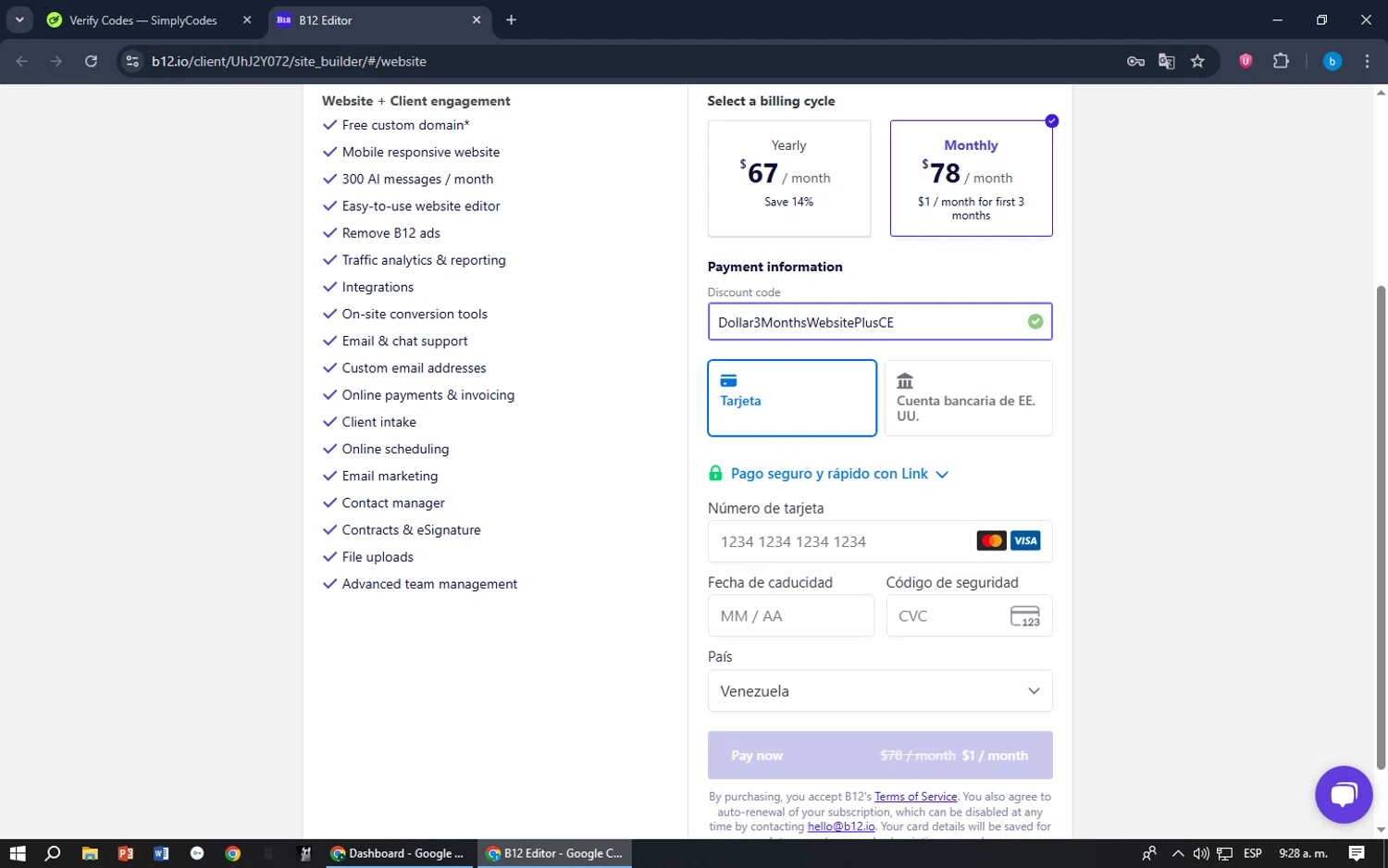 B12 promo code screenshot showing code Dollar3MonthsWebsitePlusCE applied at B12 checkout page. Uploaded by SimplyCodes community member bilijr on Dec 27, 2025